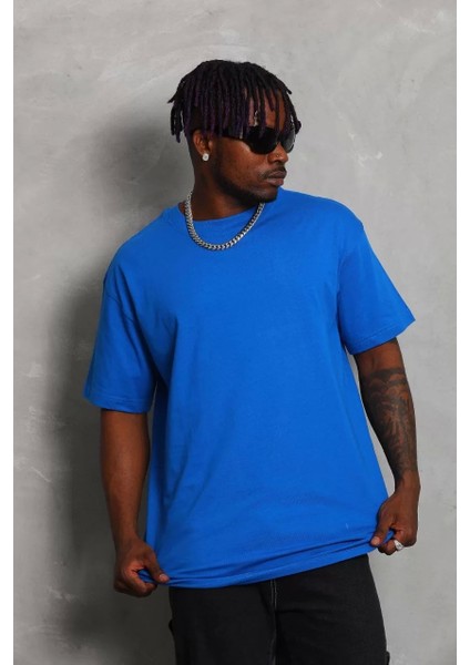 Oversize Düz Bisiklet Yaka T-Shirt - Mavi