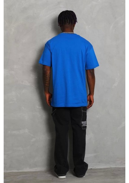 Oversize Düz Bisiklet Yaka T-Shirt - Mavi