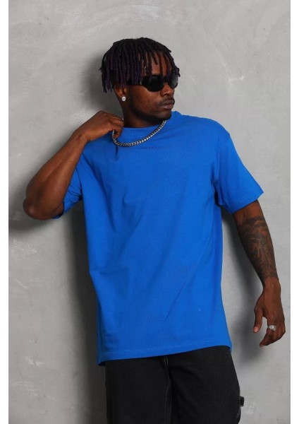 Oversize Düz Bisiklet Yaka T-Shirt - Mavi