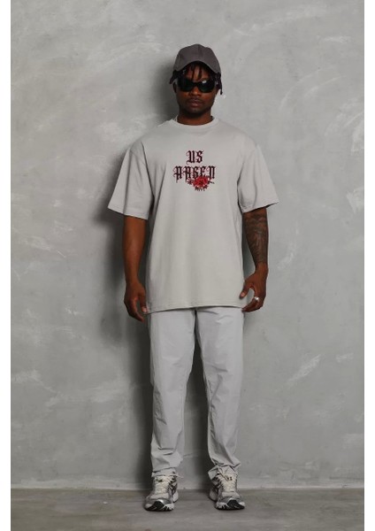 Oversize Baskılı Bisiklet Yaka T-Shirt - Gri fırsatları