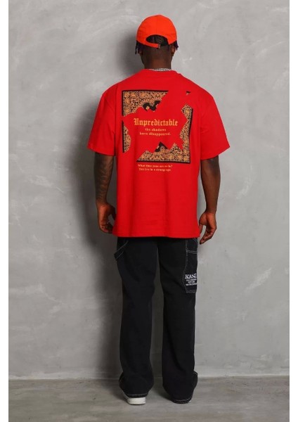 Oversize Baskılı Bisiklet Yaka T-Shirt - Kırmızı fiyatları