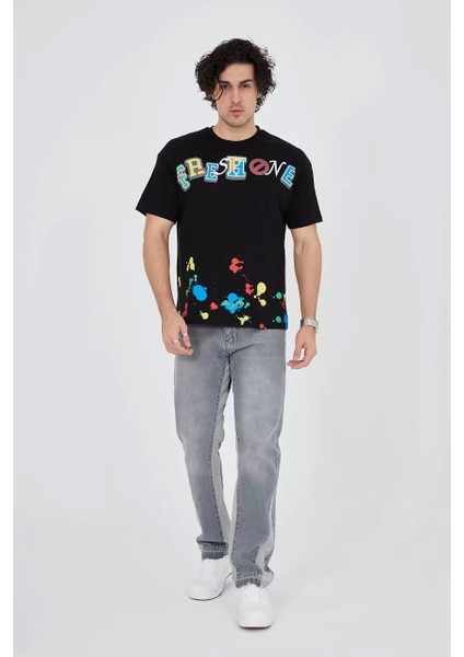 Erkek Baskılı Penye T-Shirt - Siyah