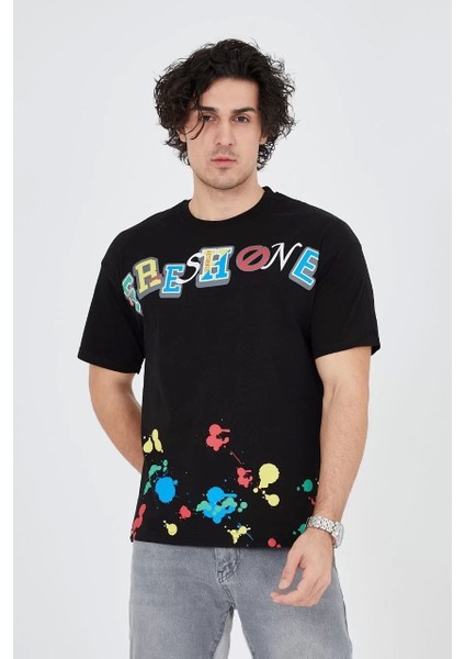 Erkek Baskılı Penye T-Shirt - Siyah