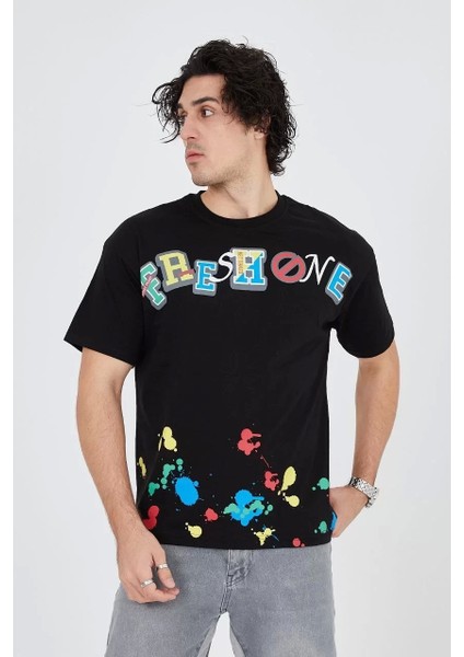Erkek Baskılı Penye T-Shirt - Siyah