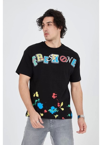 Erkek Baskılı Penye T-Shirt - Siyah