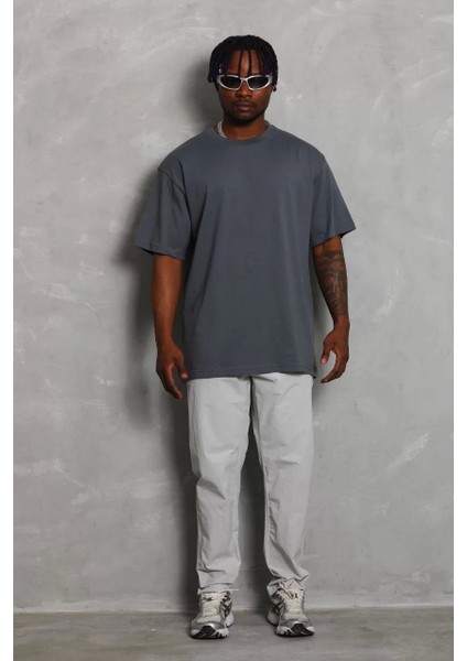 Oversize Düz Bisiklet Yaka T-Shirt - Füme fiyatları