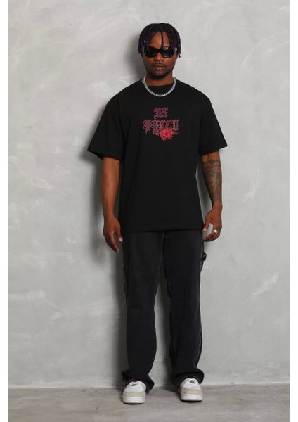 Oversize Baskılı Bisiklet Yaka T-Shirt - Siyah