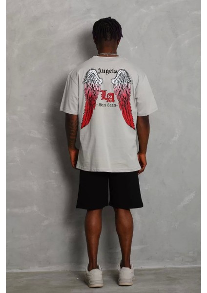 Oversize Baskılı Bisiklet Yaka T-Shirt - Gri