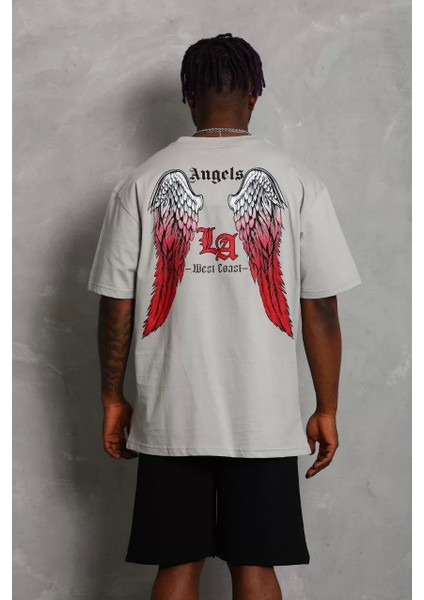 Oversize Baskılı Bisiklet Yaka T-Shirt - Gri