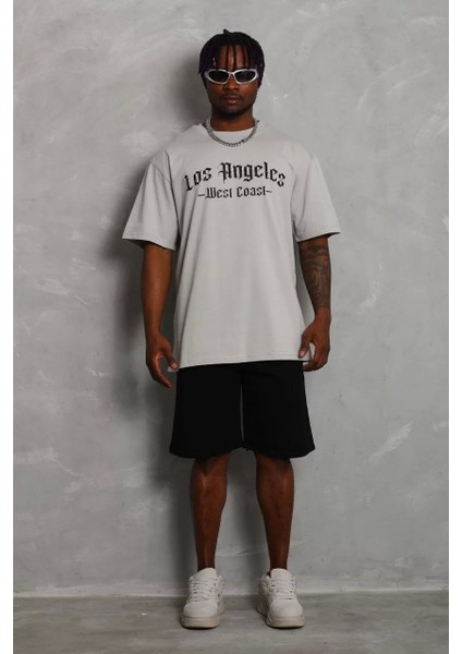 Oversize Baskılı Bisiklet Yaka T-Shirt - Gri