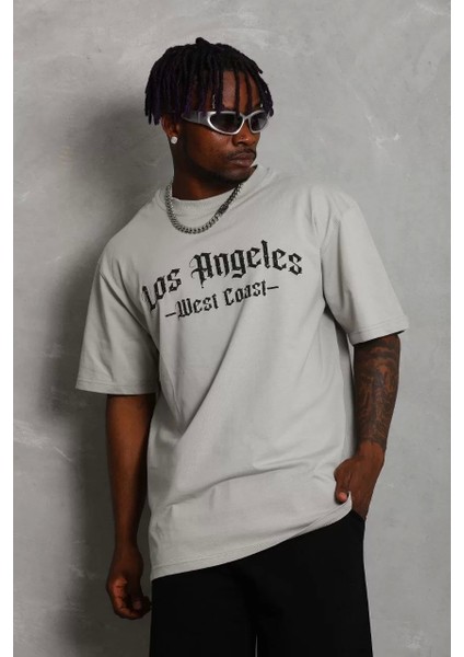 Oversize Baskılı Bisiklet Yaka T-Shirt - Gri
