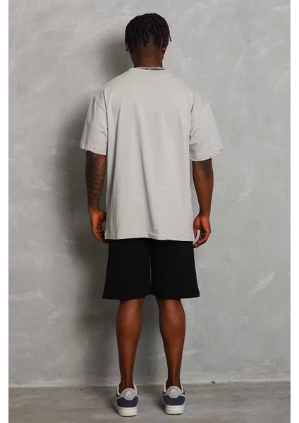 Oversize Düz Bisiklet Yaka T-Shirt - Gri