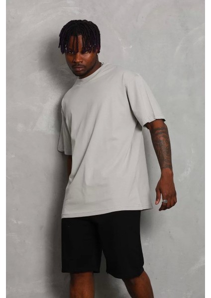 Oversize Düz Bisiklet Yaka T-Shirt - Gri modelleri
