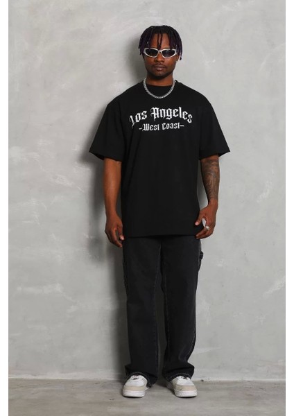 Oversize Baskılı Bisiklet Yaka T-Shirt - Siyah