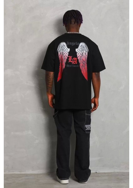 Oversize Baskılı Bisiklet Yaka T-Shirt - Siyah