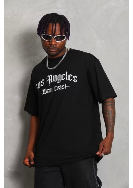 Oversize Baskılı Bisiklet Yaka T-Shirt - Siyah