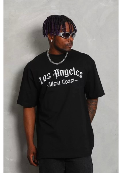 Oversize Baskılı Bisiklet Yaka T-Shirt - Siyah