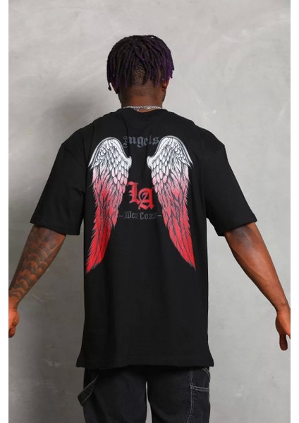 Oversize Baskılı Bisiklet Yaka T-Shirt - Siyah