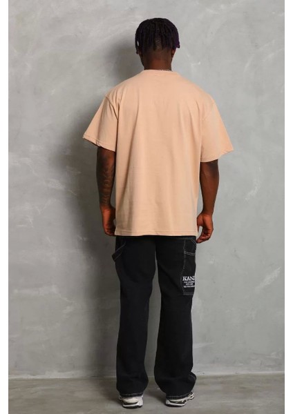 Oversize Düz Bisiklet Yaka T-Shirt - Bej