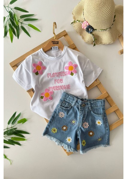 Papatya Panç Işlemeli Kız Çocuk Kot şortlu takım - Mavi