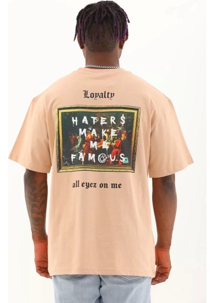 Oversize Baskılı Bisiklet Yaka T-Shirt - Bej