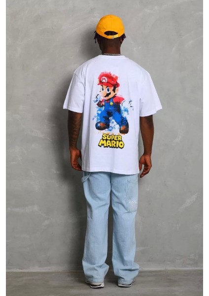 Oversize Baskılı Bisiklet Yaka T-Shirt - Beyaz fiyatları