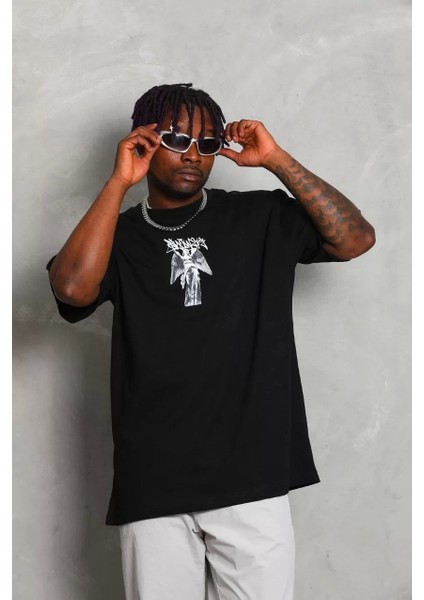 Oversize Baskılı Bisiklet Yaka T-Shirt - Siyah