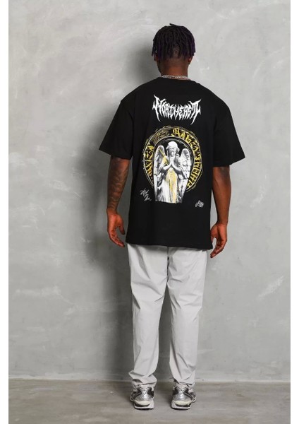 Oversize Baskılı Bisiklet Yaka T-Shirt - Siyah