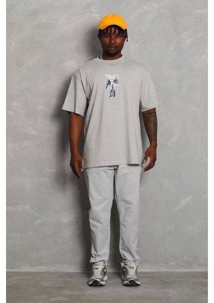 Oversize Baskılı Bisiklet Yaka T-Shirt - Gri