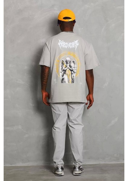 Oversize Baskılı Bisiklet Yaka T-Shirt - Gri