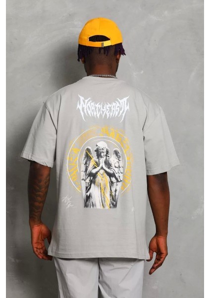 Oversize Baskılı Bisiklet Yaka T-Shirt - Gri