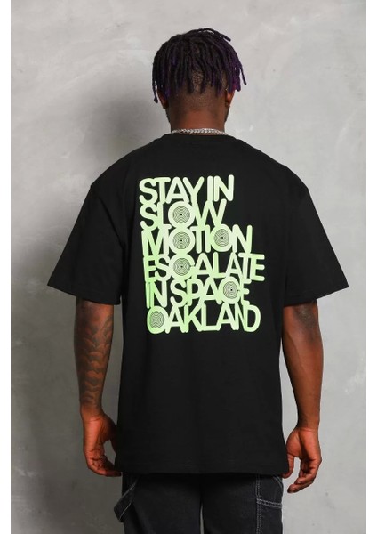 Oversize Baskılı Bisiklet Yaka T-Shirt - Siyah fırsatları