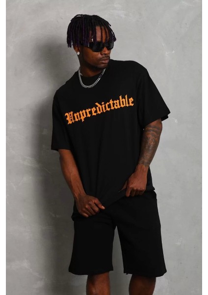 Oversize Baskılı Bisiklet Yaka T-Shirt - Siyah