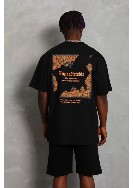 Oversize Baskılı Bisiklet Yaka T-Shirt - Siyah