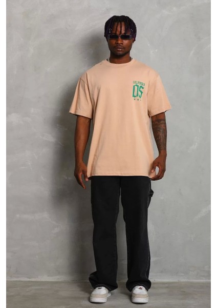 Oversize Baskılı Bisiklet Yaka T-Shirt - Bej