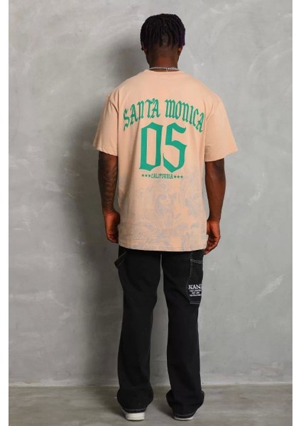 Oversize Baskılı Bisiklet Yaka T-Shirt - Bej