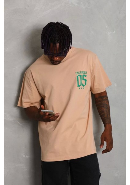 Oversize Baskılı Bisiklet Yaka T-Shirt - Bej