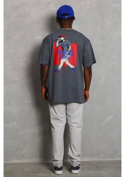 Oversize Baskılı Bisiklet Yaka T-Shirt - Füme fiyatları