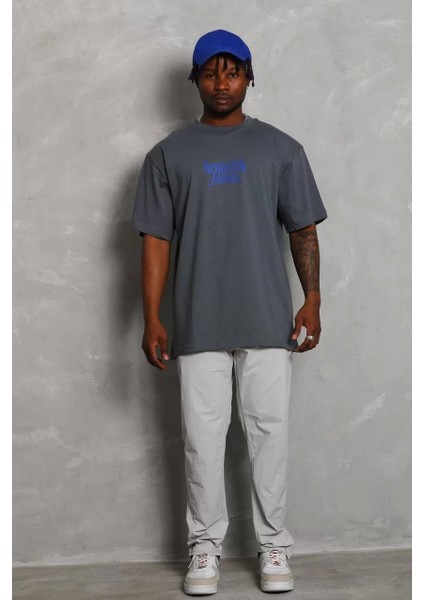 Oversize Baskılı Bisiklet Yaka T-Shirt - Füme modelleri