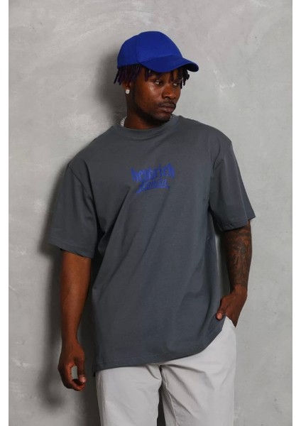 Oversize Baskılı Bisiklet Yaka T-Shirt - Füme indirimleri