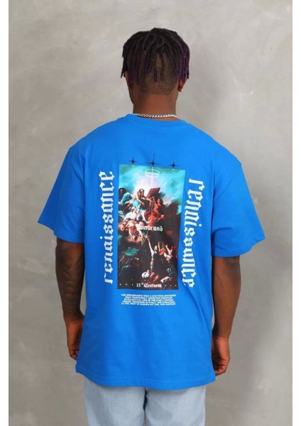 Oversize Baskılı Bisiklet Yaka T-Shirt - Mavi indirimleri