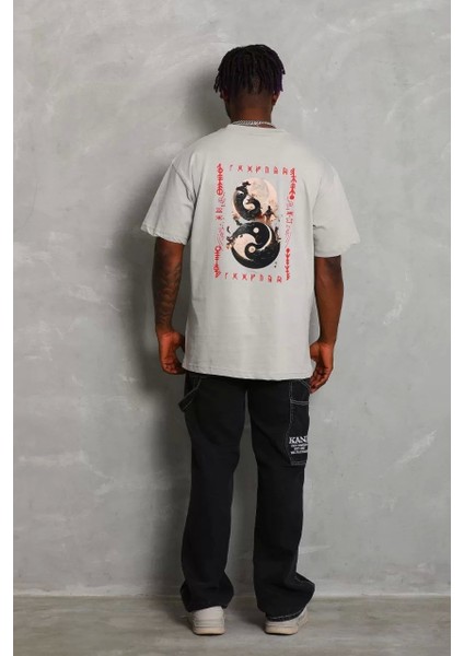 Oversize Baskılı Bisiklet Yaka T-Shirt - Gri fırsatları