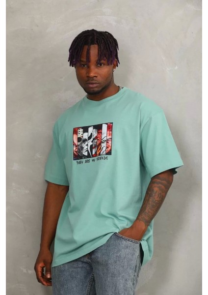 Oversize Baskılı Bisiklet Yaka T-Shirt - Mint Yeşili