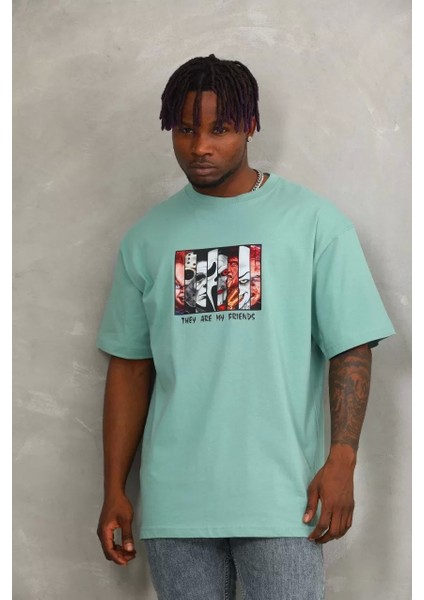 Oversize Baskılı Bisiklet Yaka T-Shirt - Mint Yeşili fiyatları