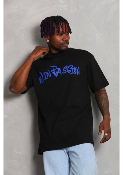 Oversize Baskılı Bisiklet Yaka T-Shirt - Siyah