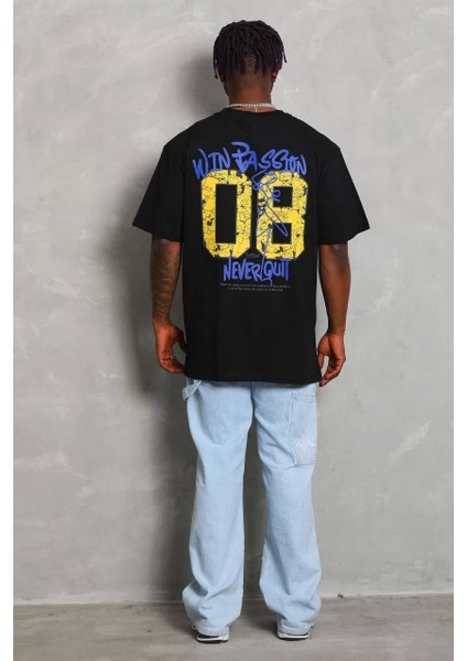 Oversize Baskılı Bisiklet Yaka T-Shirt - Siyah