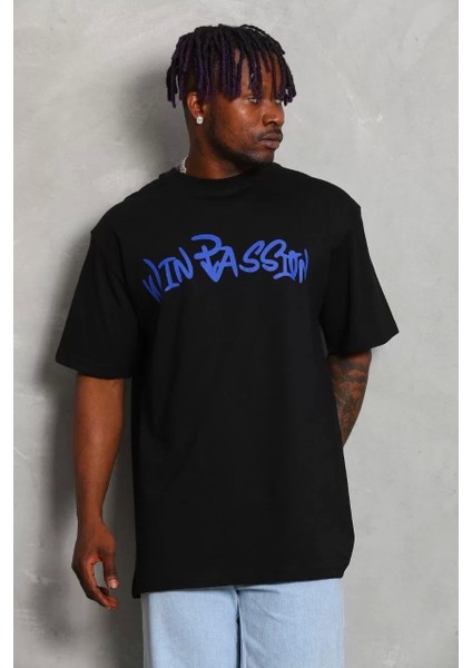 Oversize Baskılı Bisiklet Yaka T-Shirt - Siyah