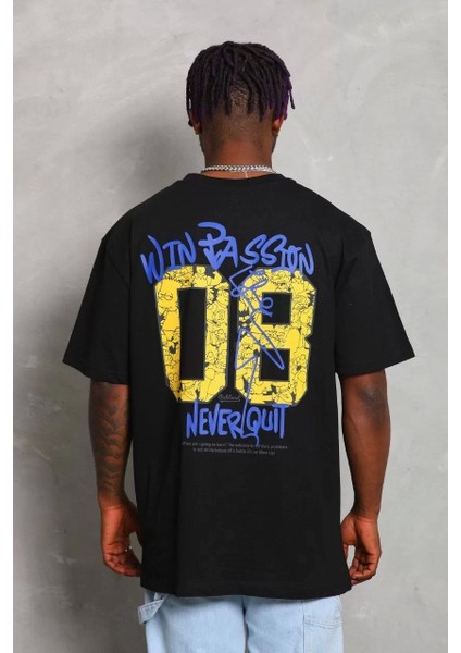 Oversize Baskılı Bisiklet Yaka T-Shirt - Siyah