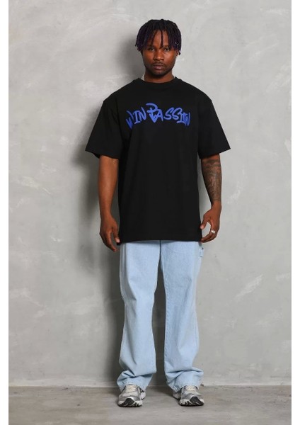 Oversize Baskılı Bisiklet Yaka T-Shirt - Siyah
