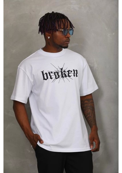 Oversize Baskılı Bisiklet Yaka T-Shirt - Beyaz